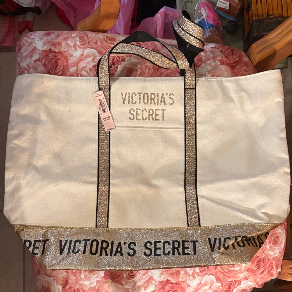 Victoria's Secret Cream and Gold Glitter Tote Bag